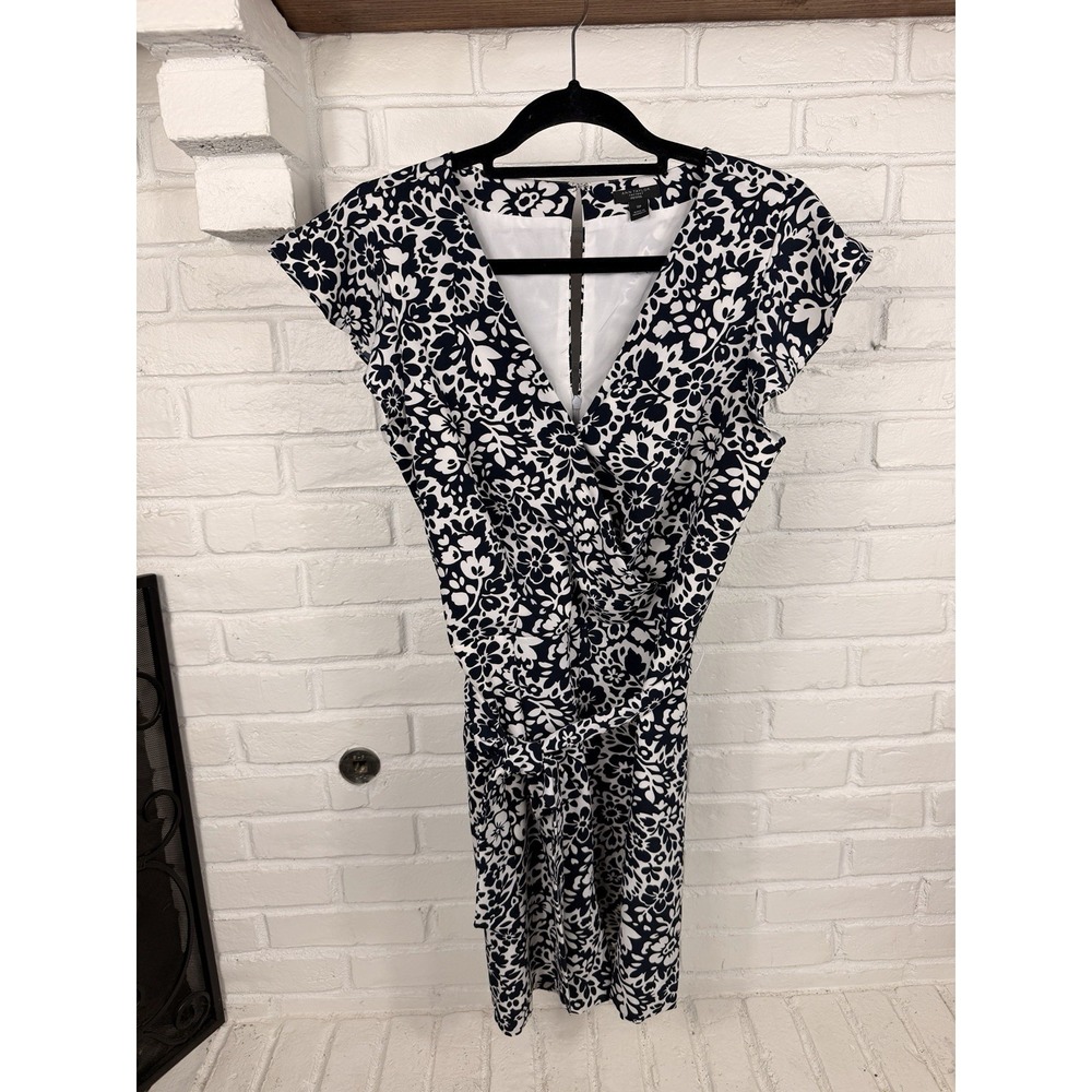 Ann Taylor Factory Petite 10P‎ Navy Floral Ruched Sheath Dress Career Workwear